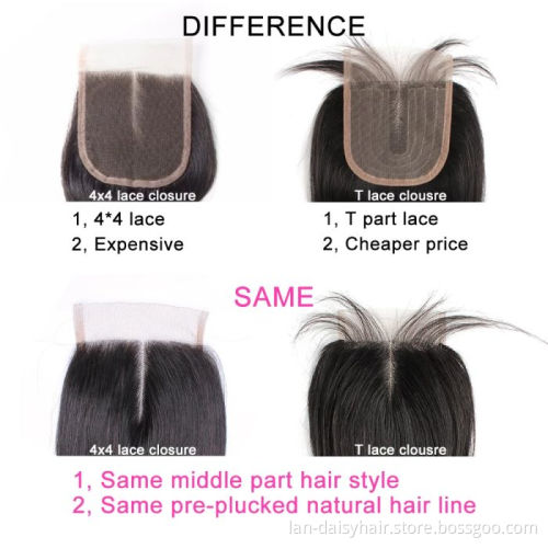 Natural Black hair bundles with closure straight  Brazilian human hair middle part 4x4 closure with T type lace